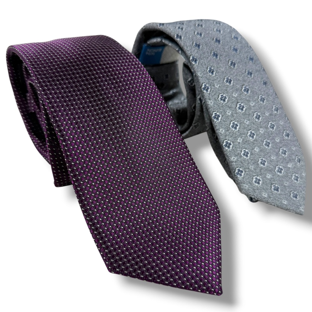 Mens Silk Tie Lot 2 Bloomingdales 14th & Union Purple Grey Micro Dot Floral